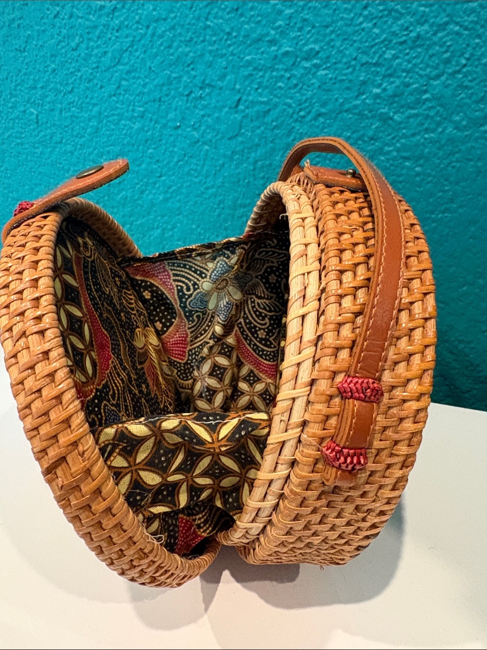 Bali Round Woven Crossbody Bag in Tan and Brown - Picture 4 of 4